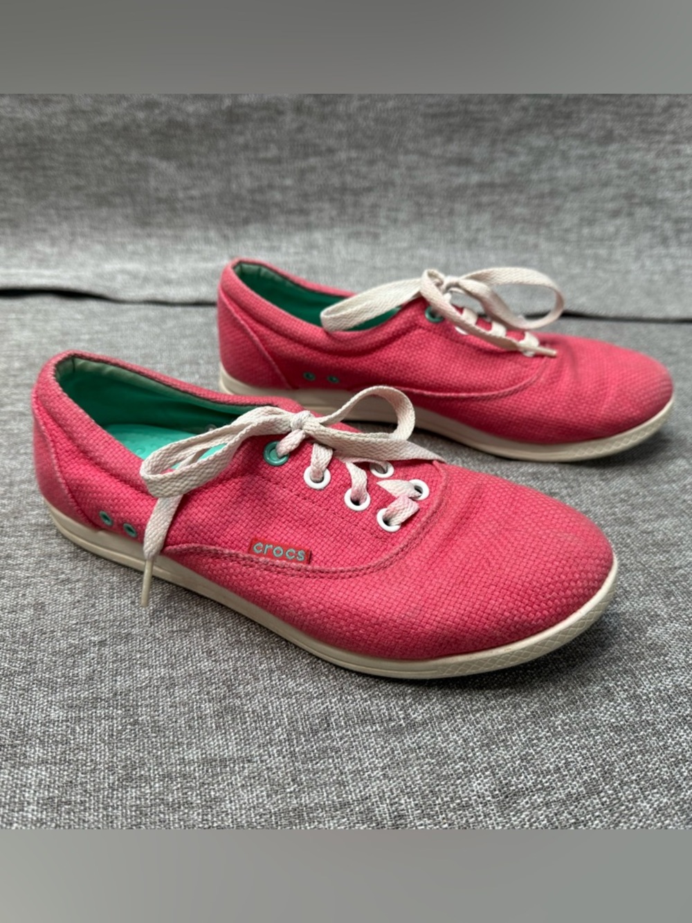 Womens Pink Teal Crocs Lace Up Comfort Shoes Size 7 Spring Summer